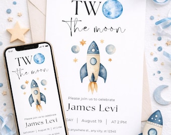 Invito per il secondo compleanno di Two The Moon - Download digitale a tema spaziale - Modello Canva modificabile