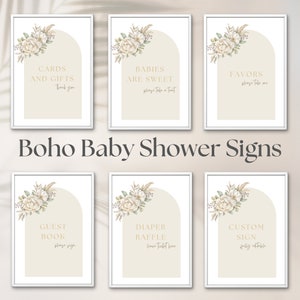 Conjunto de letreros de baby shower boho, decoración de baby shower, letreros digitales personalizables, tarjetas y regalos, obsequios, rifa de pañales, libro de visitas