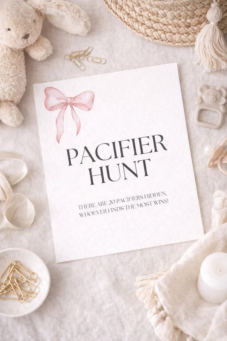Pacifier Hunt Baby Shower Game Sign | Pink Bow Baby Shower Game ...