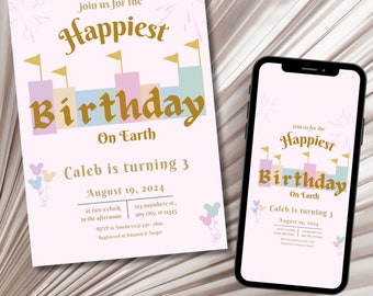 Disneyland Themed Birthday Invitation - Happiest Birthday On Earth - Digital Editable Canva Template
