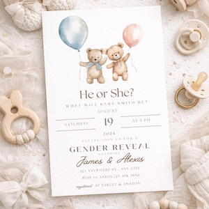 Editable Bear Themed Gender Reveal Invitation, Gender Reveal Party, Digital download invitation