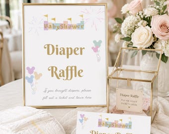 Letrero y tarjetas para la rifa de pañales de baby shower de Disneyland – Descarga instantánea en PDF imprimible