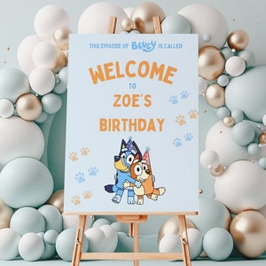 Editable Blue Dog Birthday Welcome Sign, Editable Template Canva, Birthday Signs