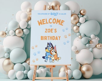 Editable Blue Dog Birthday Welcome Sign, Editable Template Canva, Birthday Signs