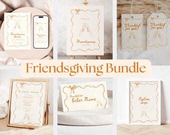 May include: A printable Friendsgiving bundle with a variety of designs, including invitations, a menu, a sign, and thank you tags. The designs feature a minimalist style with a hand-drawn illustration of two people toasting with glasses.