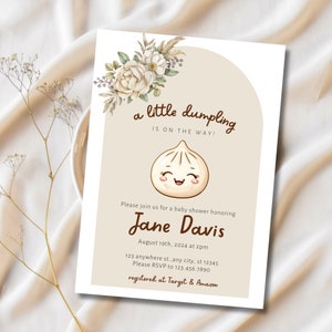 Dumpling Baby Shower, A Little Dumpling is On The Way - Boho Baby Shower Invitation Template - Editable Canva Digital Download