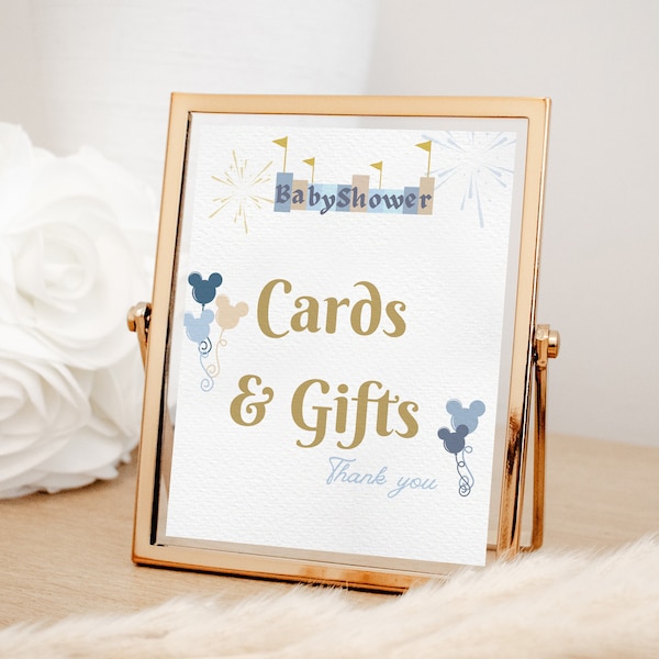 May include: A gold-framed sign with a blue and white castle graphic and the text "Baby Shower" at the top. The sign says "Cards & Gifts" in gold lettering with a Mickey Mouse balloon graphic on each side. The text "Thank you" is at the bottom of the sign.