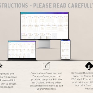 May include: A digital product displayed on a computer monitor, laptop, and smartphone. The screens show a template with text and graphics. Instructions are provided, including how to access the digital product and edit it in Canva.