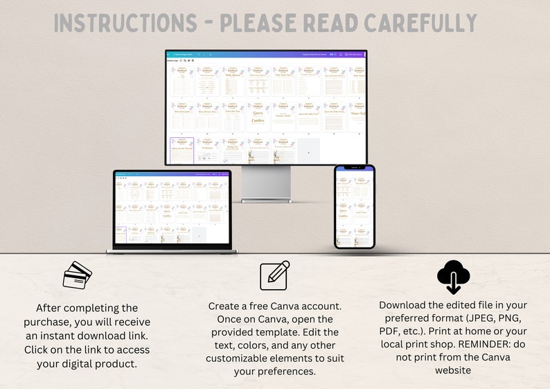 May include: A digital product displayed on a computer monitor, laptop, and smartphone. The screens show a template with text and graphics. Instructions are provided, including how to access the digital product and edit it in Canva.