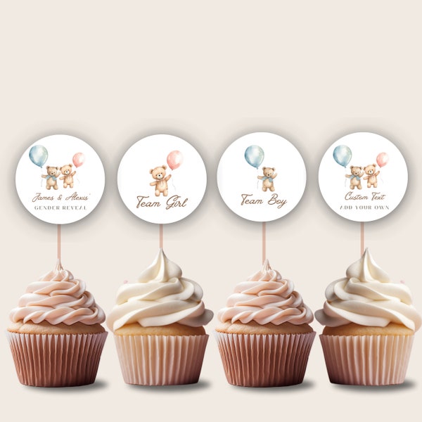 Personalized Gender Reveal Cupcake Toppers, Bear Theme, Digital Download, Editable on Canva