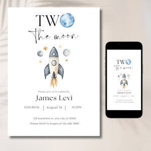 Two The Moon 2nd Birthday Invitation - Space Themed Digital Download - Editable Canva Template