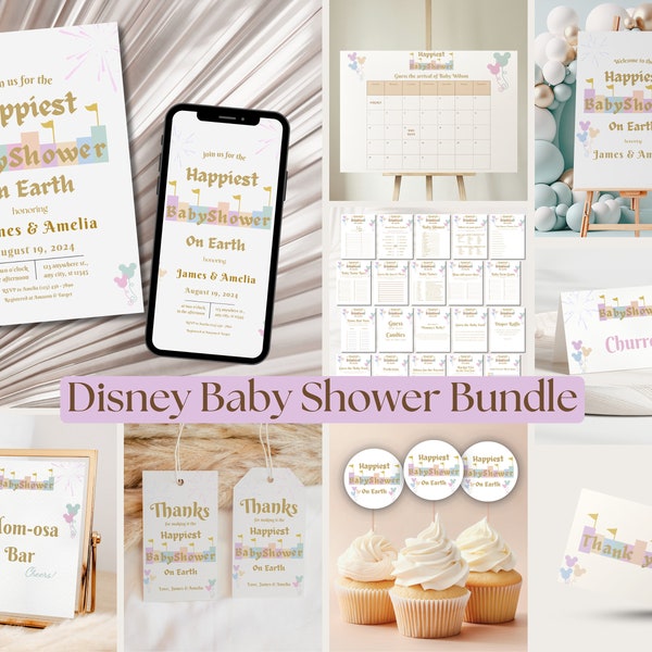 Disneyland Themed Baby Shower Bundle, Happiest Baby Shower On Earth, Invitation, Welcome Sign, Cupcake Toppers, Digital Download