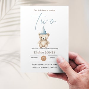 Invitación personalizable al segundo cumpleaños del oso azul, fiesta rústica del bosque imprimible, descarga digital, invitación personalizada al tema del oso DIY