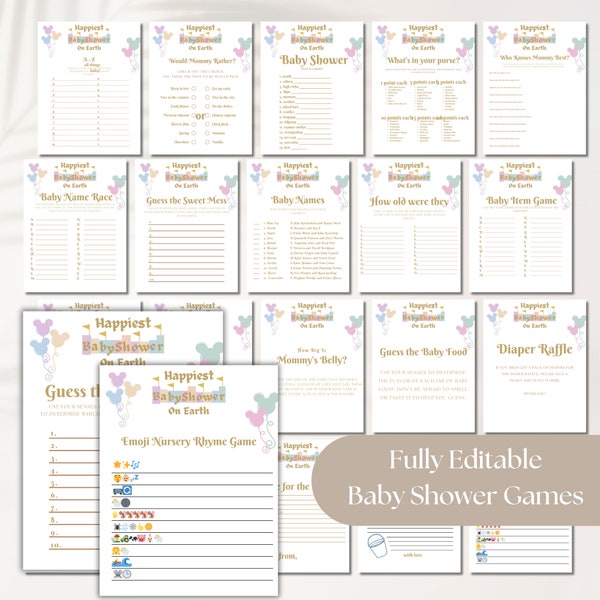 Editable Disneyland Themed Baby Shower Games Bundle, Baby Shower Games, Digital Download, Canva Template