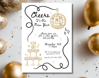 Bearbeitbare Silvester Einladung | Skurrile handgezeichnete NYE Party Einladung Vorlage für Canva | Digitaler Download