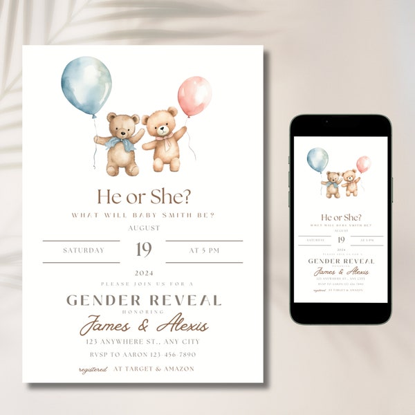 Editable Bear Themed Gender Reveal Invitation, Gender Reveal Party, Digital download invitation