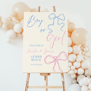 Blue & Pink Bows Gender Reveal Welcome Sign – Editable Canva Template | 18x24" Digital Download