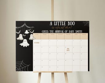 May include: A black and white printable baby shower game with a Halloween theme. The game is a calendar with a ghost mobile and the text "A Little Boo is almost due! Guess the arrival of Baby Smith".