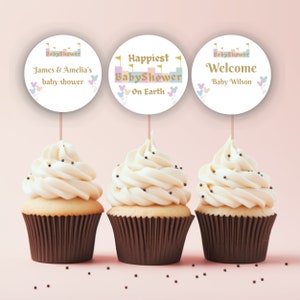 Personalized Disneyland Themed Baby Shower Cupcake Toppers, Digital Download, Canva Template, Cupcake Toppers