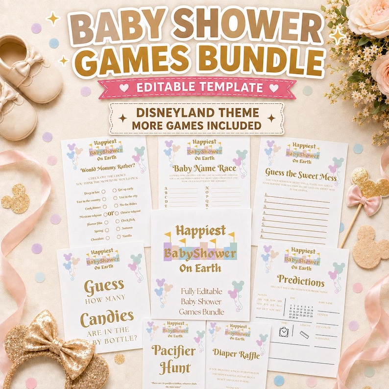 May include: A baby shower games bundle with a Disneyland theme. The bundle includes editable templates for various games, such as "Would Mommy Rather?" and "Baby Name Race." The design features pastel colors and Mickey Mouse-themed accents.