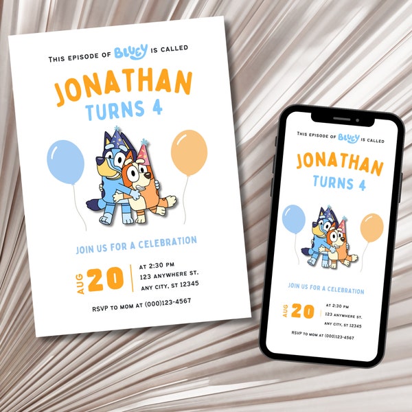 Editable Blue Dog Birthday Invitation, Personalized Birthday Template on Canva