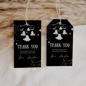 Editable Halloween Baby Shower Favor Tags, A Little Boo is Almost Due, Personalized Party Tags, Digital Canva Template, Instant Download