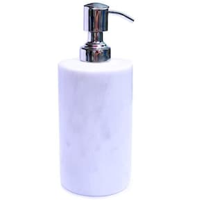 May include: White marble soap dispenser with a silver pump. The dispenser is cylindrical and has a smooth, polished finish.