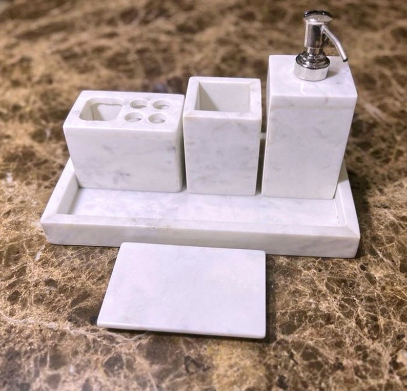 Luxurious Handcrafted Natural White Marble Bath Accessories, Set of 5