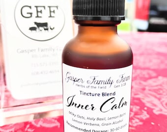 May include: A 1oz amber glass dropper bottle labeled Gasper Family Farm Inner Calm Tincture Blend containing Milky Oats, Holy Basil, Lemon Balm, Lemon Verbena, and Grain Alcohol. The label includes dosage instructions and a drowsiness warning.