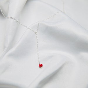 Dainty Freshwater Pearl Drop Necklace, Handmade Minimalist Lariat Necklace, Red image 6
