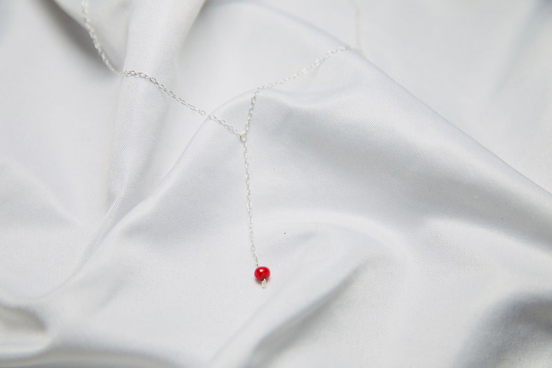 Dainty Freshwater Pearl Drop Necklace, Handmade Minimalist Lariat Necklace, Red image 6