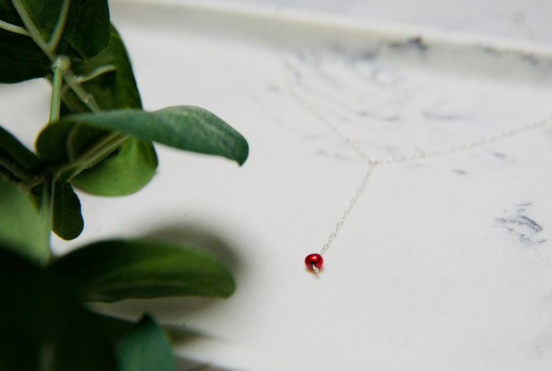 Dainty Freshwater Pearl Drop Necklace, Handmade Minimalist Lariat Necklace, Red image 3