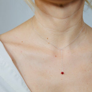 Dainty Freshwater Pearl Drop Necklace, Handmade Minimalist Lariat Necklace, Red image 2