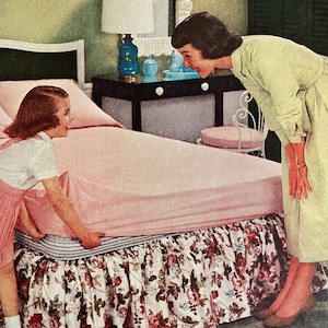 1955 Cannon Fitted Sheets Vintage Ad &quot;EZY-MATIC CORNERS&quot; Vintage Bedding Advertisement Vintage Advertising Art 1950s Housewife Wall Art