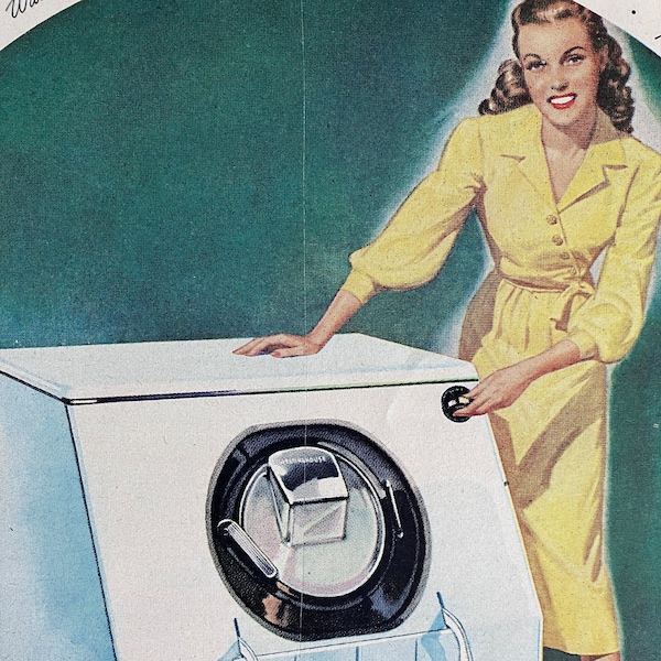 1948 Westinghouse Automatic Washer Laundromat Vintage Ad Electric Home Appliances Vintage Ad "Every house needs Westinghouse" Retro Ad Art