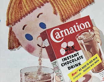 1954 Carnation Instant Chocolate Flavored Drink Vintage Ad Vintage Beverage Ad Americana 1950s Food Advertisement Kitchen Decor Wall Art