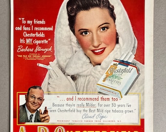 1949 Barbara Stanwyck Chesterfield Cigarettes Vintage Ad Old Hollywood  Movie Star Vintage Smoking Ad Classic Hollywood Old Advertisement