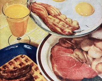 1945 American Meat Institute Vintage Ad "First Call for Breakfast" Vintage Food Advertisement Retro Kitchen Decor Old Food Advertising