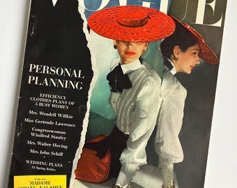 May include: Vintage Vogue magazine cover from April 15, 1943, featuring two women in stylish attire. The cover showcases a woman wearing a large red hat and a white blouse. The magazine's title, "VOGUE," is prominently displayed, along with the headline "PERSONAL PLANNING."