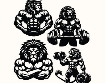 Designs SVG et PNG de bodybuilder, logo vectoriel de salle de sport, fitness lion, ensemble de clipart d'entraînement, silhouette d'haltérophilie, design de sublimation.