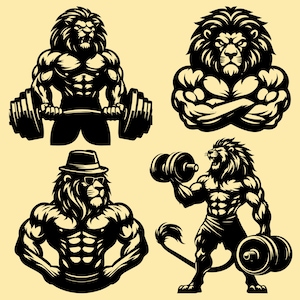 Bodybuilder SVG PNG designs, Gym logo vector, Lion fitness, Workout bundle clipart, Weightlifting silhouette ,Sublimation design