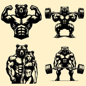 Bodybuilder SVG PNG designs, Gym logo vector, bear fitness, Workout bundle clipart, Weightlifting silhouette, Sublimation design