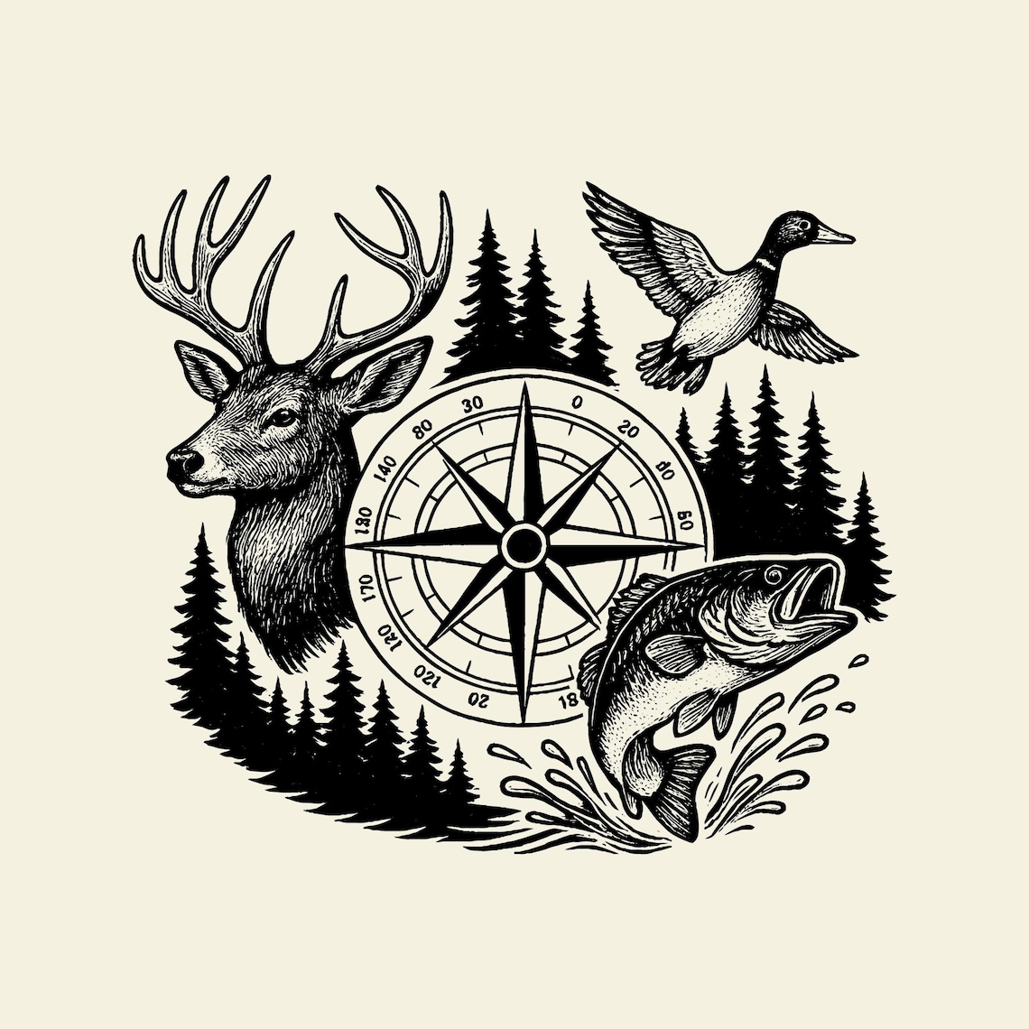 Deer Duck Fishing Svg Png Cut File, Wildlife Deer Fish Duck, Forest ...
