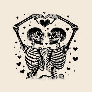 May include: Black and white illustration of two skeletons embracing, forming a heart shape with their arms. The skeletons wear heart-shaped sunglasses and are surrounded by hearts and stars on a cream background. A romantic and spooky design.