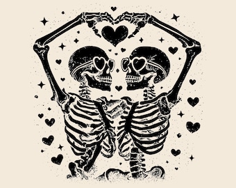 May include: Black and white illustration of two skeletons embracing, forming a heart shape with their arms. The skeletons wear heart-shaped sunglasses and are surrounded by hearts and stars on a cream background. A romantic and spooky design.