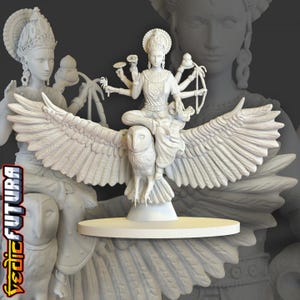 May include: A white, unpainted resin figurine of a multi-armed deity seated atop a large owl with outstretched wings. The figure wears ornate jewelry and a crown, holding various symbolic objects in its hands. The base is a simple white disc.
