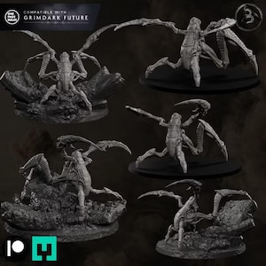 May include: A set of gray, unpainted miniature alien creature figurines with segmented bodies, multiple limbs, and large, curved scythe-like appendages. The figures are displayed in various poses, some mounted on textured rocky bases, with text reading Compatible with Grimdark Future.