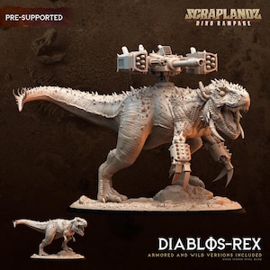 May include: A grey miniature dinosaur figure titled Diablos-Rex from Scraplanz Dino Rampage. The creature features spiked skin, mechanical clawed hands, and a large mounted weapon system on its back. Text includes Pre-Supported and Diablos-Rex.