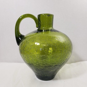 Blenko Green Crackle Vintage Rare Hand Blown Art Glass 7 Tall Vase Jug