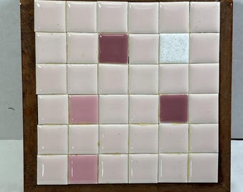 Mid Century Pink Trivet Art Tiles On Wood  7" X 7" Handmade